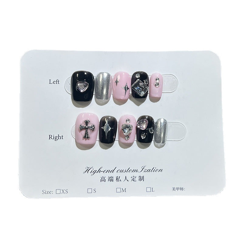 Sweet Cool Black Pink Sweet Heart Heart Love Cube Sugar Light Diamond Short Nail Stickers Handmade Wear Nail Wholesale