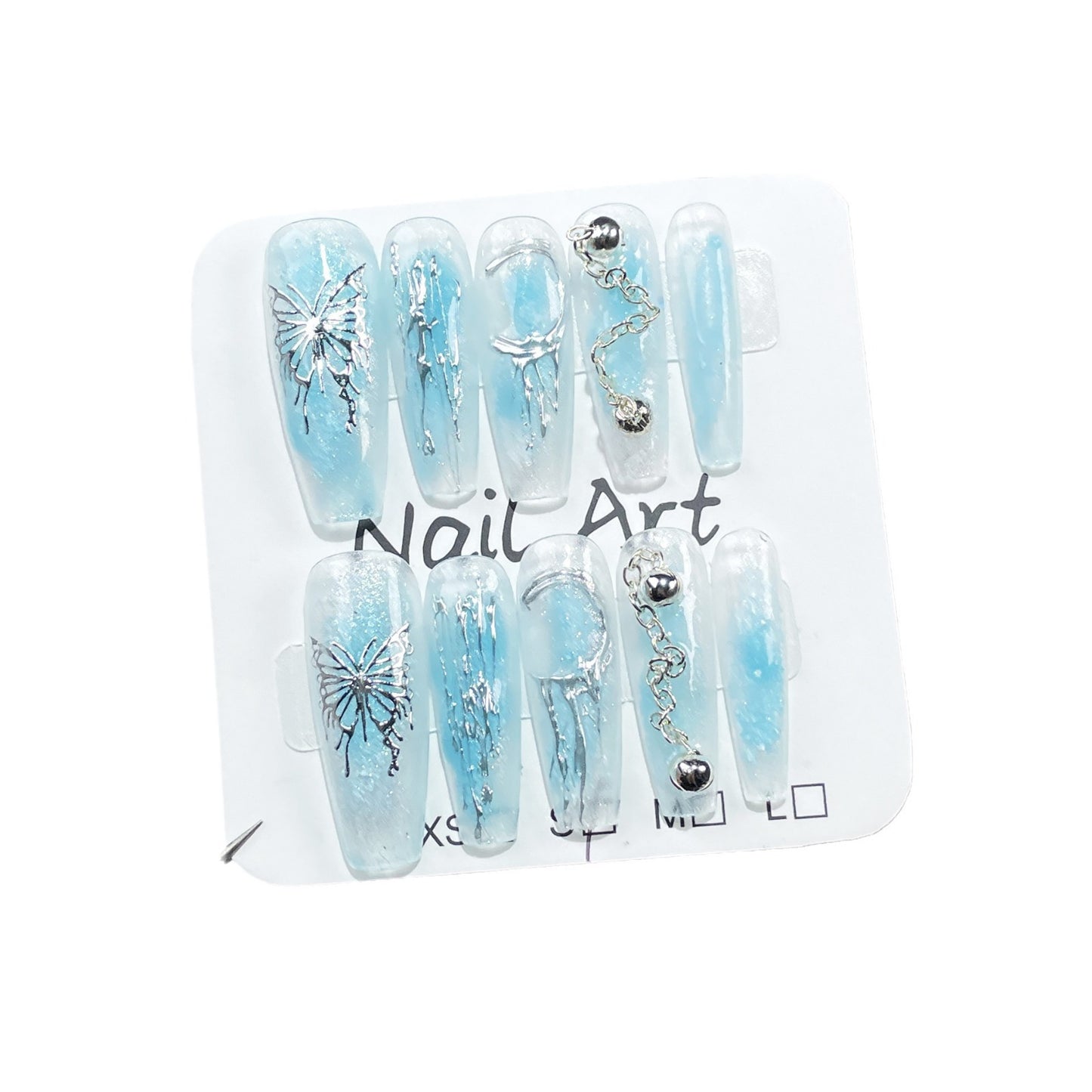 Ice Transparent Cat Eye Hand-Worn Armor Ocean Blue Butterfly Irregular Relief Long Nail Stickers Finished Product Fake Nails