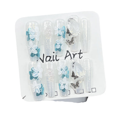 Handmade Wear Nail Ice Transparent Hand Painted Flower Extended Nail Stickers Wearable Nail Sticker Wholesale