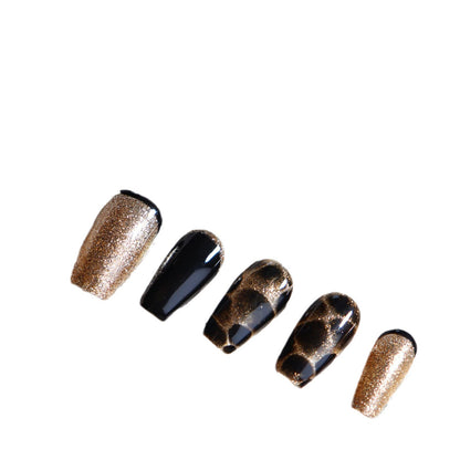 Handmade Wear Armor Black Gold Foil Blooming Leopard Print European and American Style High-Grade Sense UV Nail Beauty Finished Product Nail Tip