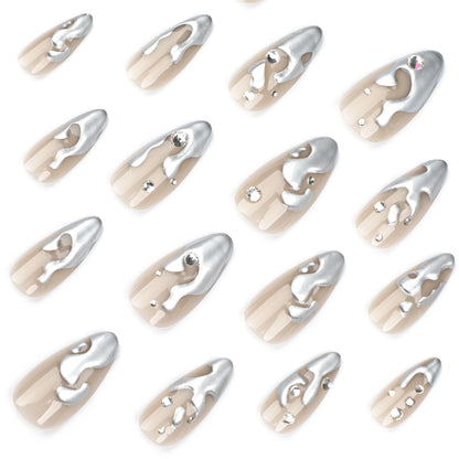 French3D Silver Paste Wear a Nail Piece Short Almond fake nails Spot Drill Fake Nails Nail Sticker Wholesale