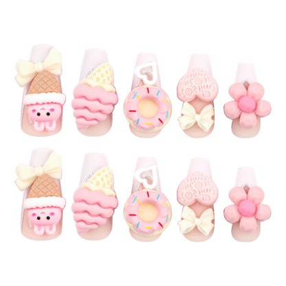 Sweet Cute Pink Ice Cream Cone Manicure Fake Nail Tip Three-Dimensional Love Heart Flowers Wear Nail Nail Patch