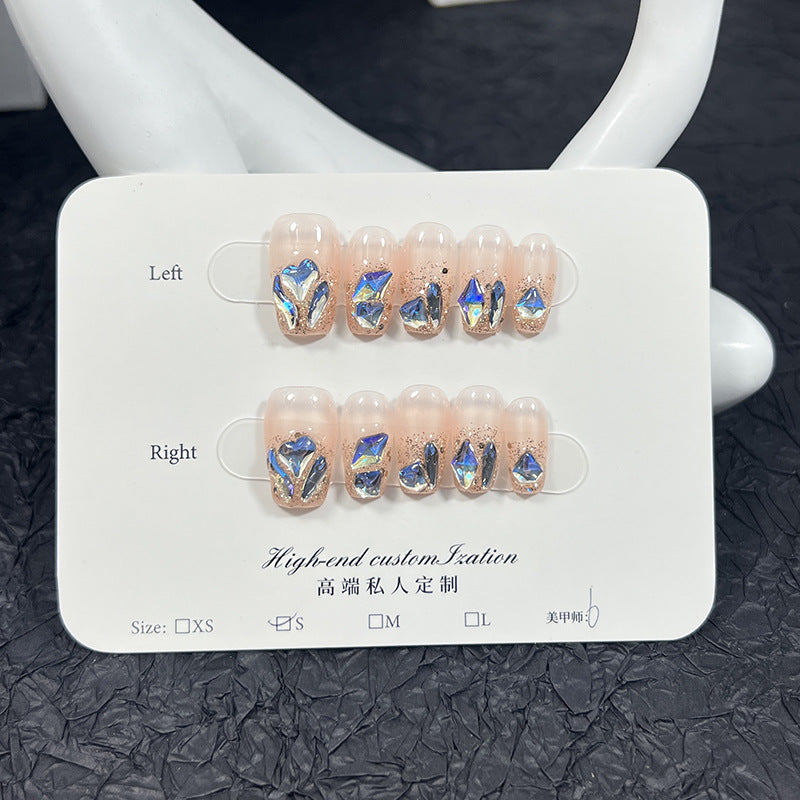 Summer Fresh Moonlight Blue Light Diamond Short Nail Stickers Detachable Fake Nails Handmade Wear Armor Wholesale