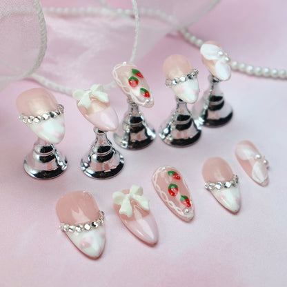 Detachable Wear Nail Tip Strawberry Girl Three-Dimensional Bow French Wear Nail Tip Finished Handmade