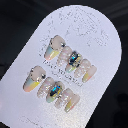 【Rainbow Dreamland】High-End Affordable Luxury Manicure Medium Oval French Hand-Wear Armor Popular Pure Desire Dopamine Style