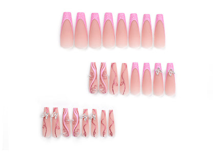 3D Three-Dimensional European and American Style Wear Armor Silver Butterfly Glitter Fake Nails Pink Flower Pearl Nail Beauty Nail Tip Finished Product