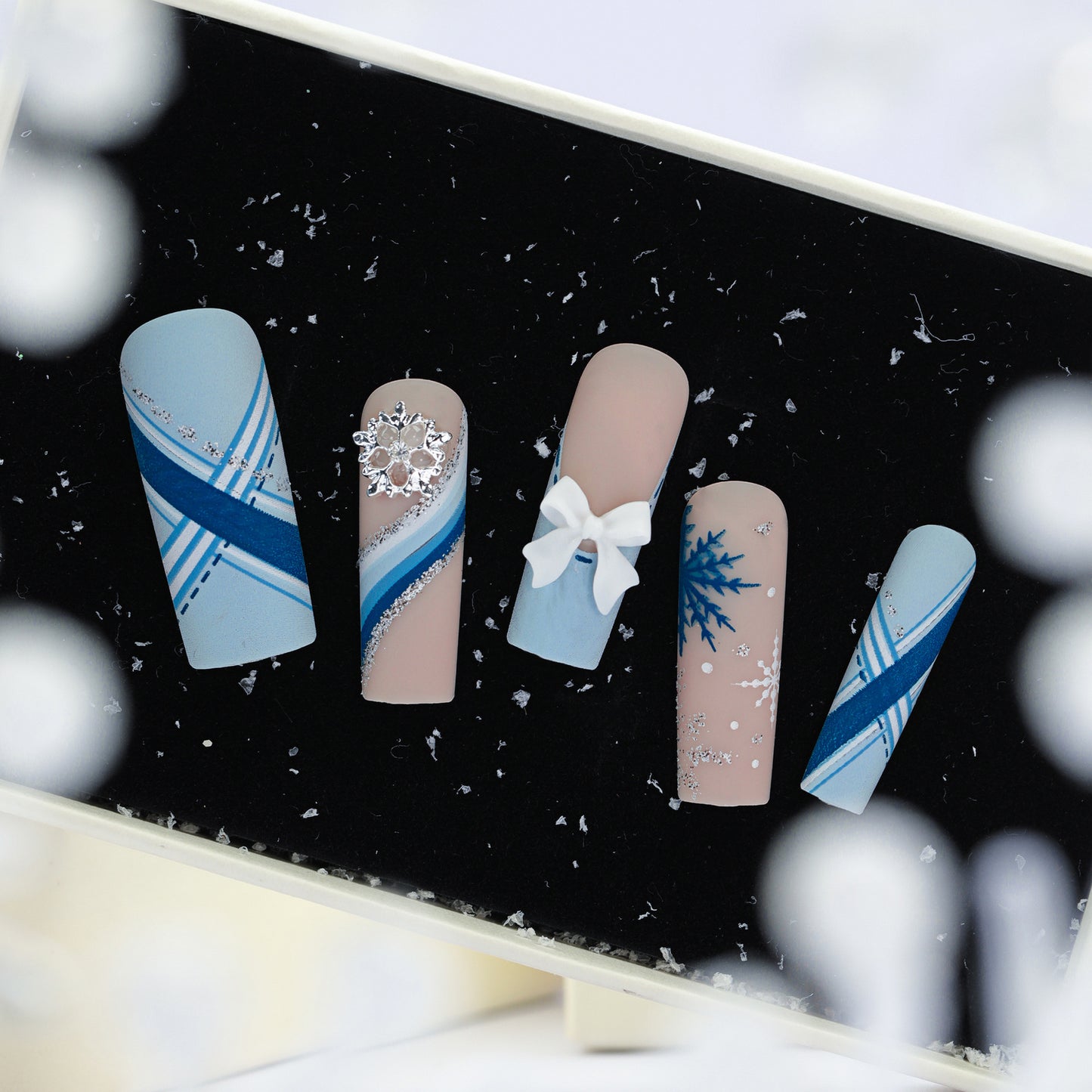 Europe and America Cross Border Christmas Wear Nail Snowflake Three-Dimensional Bow Manicure Fake Nails French Rectangle Nail Tip Wholesale