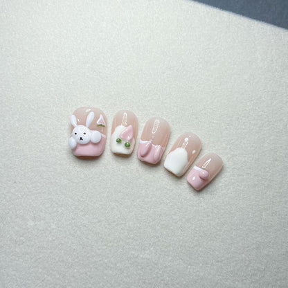 【Happy Rabbit】Hand-Painted Bunny Cartoon 3D Cute Girly Style Hand-Painted Nail Stickers