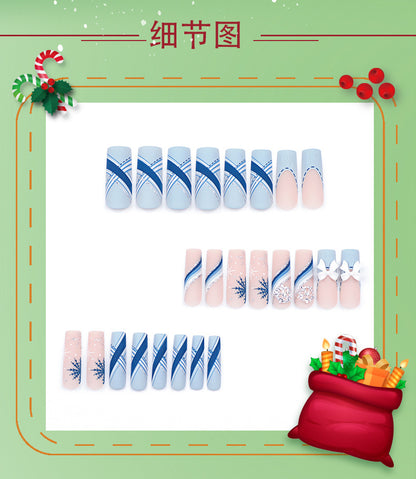 Europe and America Cross Border Christmas Wear Nail Snowflake Three-Dimensional Bow Manicure Fake Nails French Rectangle Nail Tip Wholesale