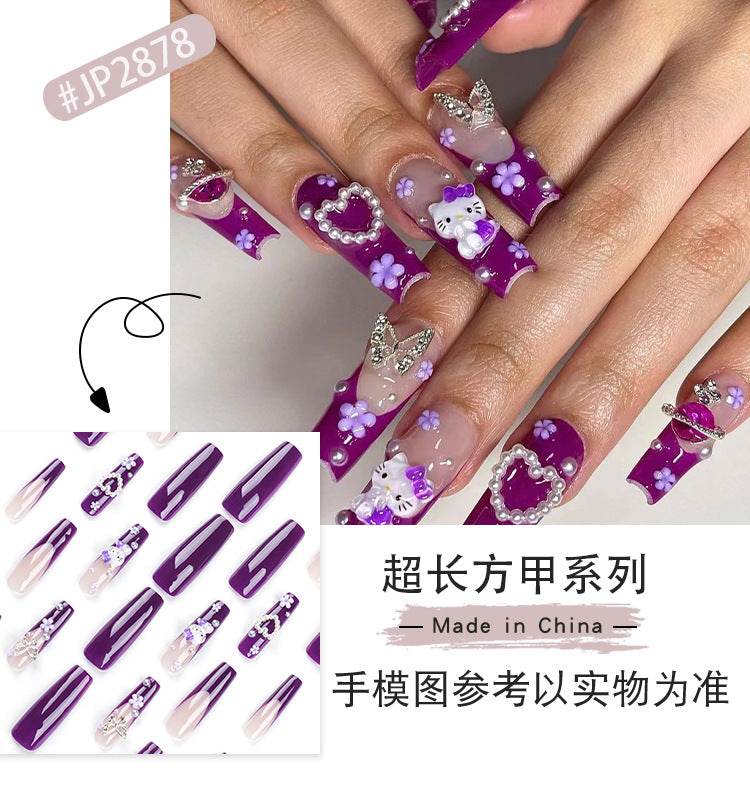 Love Pearl French Wear Armor Purple Hello Kitty Cat Manicure Silver Butterfly Flower Long Nail Tip