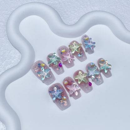 Summer Ice-Permeable Hand-Worn Mocha Water Ripple Starfish Simple Short Nail Stickers Wearable Nail Sticker