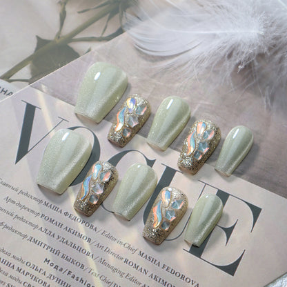 Summer Nail Jelly Green Cat Eye Color Jumping Handmade Wear Nail Jasmine Green Phototherapy Nail Stickers Finished Product Wholesale