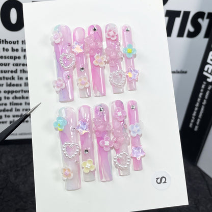 European and American Style Super Long Water Pipe Nail Handmade Wear Nail Watercolor Hot Girl Wearable Nail Sticker Wholesale