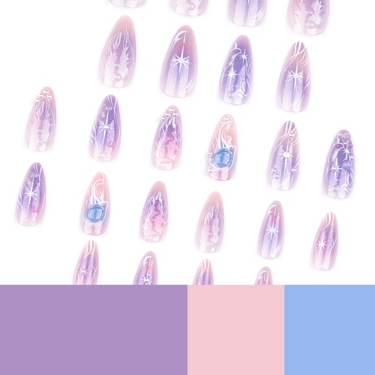 Purple Blooming Dream Wearable Manicure Asterism Pearl Wearing Nail Polish Short Almond Nail Patch