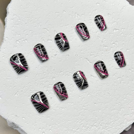 Cross-Border European and American Short Phototherapy Advanced Hand-Worn Armor Punk Zebra Stripes Nail Sticker Removable Fake Nails