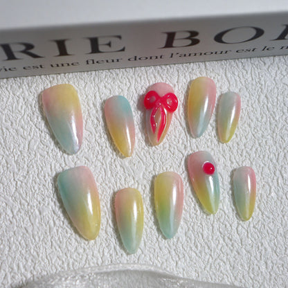 Gradient Macaron Hand Pinch Three-Dimensional Bow Almond Nail Hand Wear Armor College Student Nail Stickers Cute