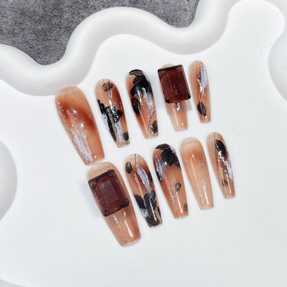 Handmade Wear Armor Autumn and Winter Caramel Brown Long Nail Stickers Maillard Style Wearable Nail Sticker