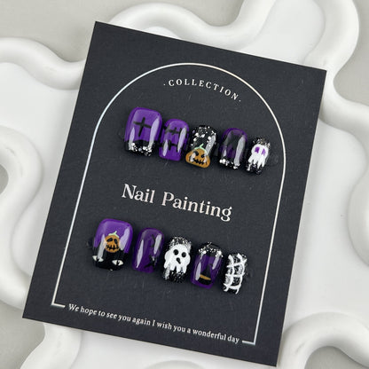 Purple Halloween Cute Ghost Wear Nail Tip High Sense Nail Stickers Cross-Border Factory Straight Hair Short Nail