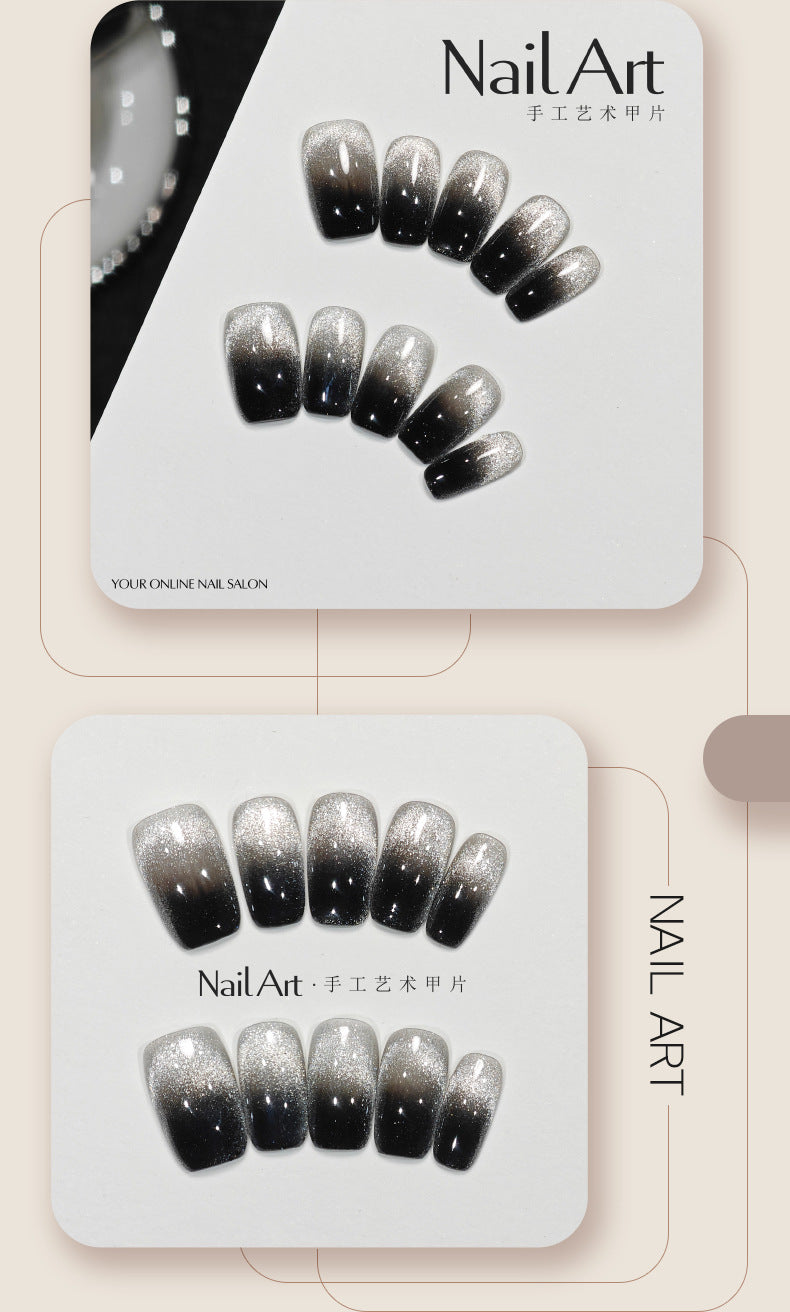 Qiuyi Handmade Wear Nail Gradient Cat Eye Sweet Cool White Handmade Short Nail Stickers Fake Nail Tip Wholesale