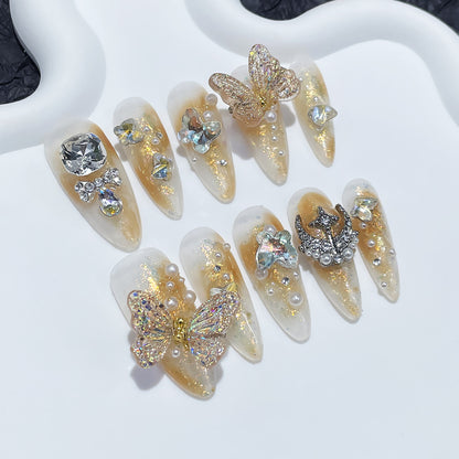 Light Luxury Heavy Industry Handmade High-End Wear Armor Magic Color Smart Butterfly Long Pointed Nail Stickers Moving Butterfly