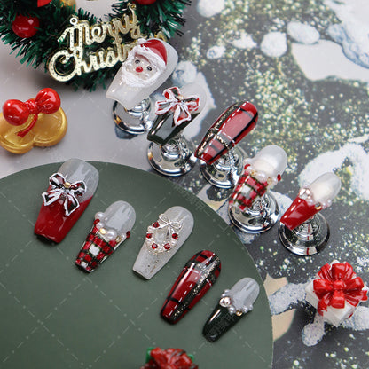 New Adult Lady like Woman New Year Nail Tip Santa Claus Bow Garland Hand Painted Red Cell Pattern French Wear Armor Cross-Border Batch