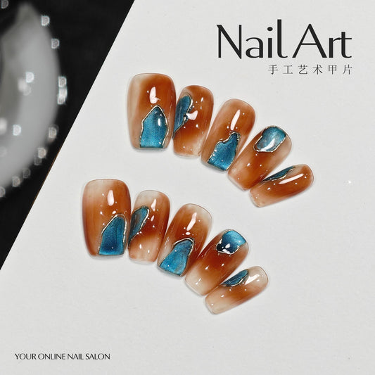 Handmade Wear Armor Autumn and Winter Maillard Amber Peacock Blue Cat Eye White Nail Stickers Handmade Fake Nail Tip