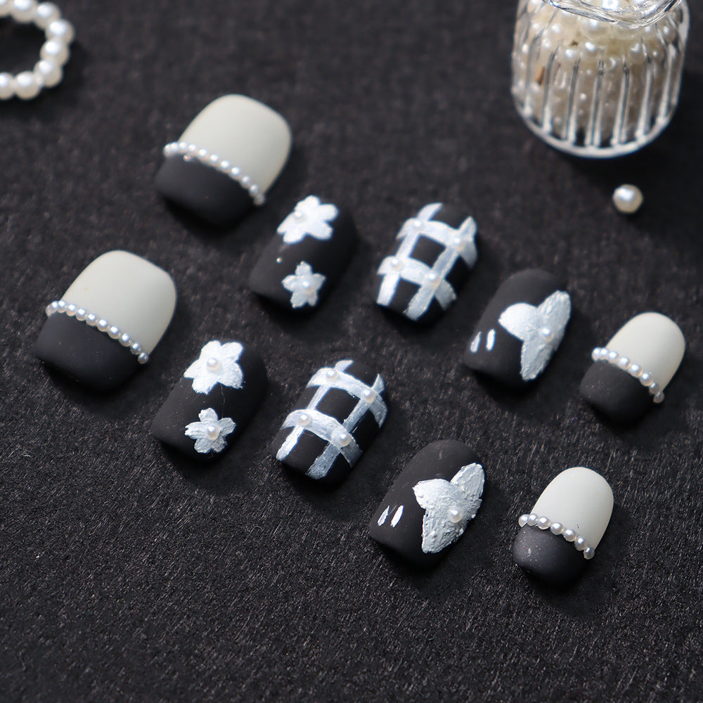 New Product Nail Stickers Black Chanel Style Matte Texture Handmade Plaid Flower Pearl White Wearing Nail Manufacturer