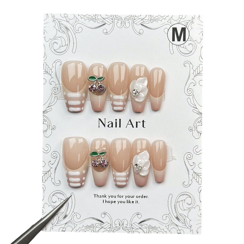 Europe and America Cross Border Hand-Worn Nail Short Cute Cherry Three-Dimensional Flower Nail Beauty Nail Patch Removable Nail Tip