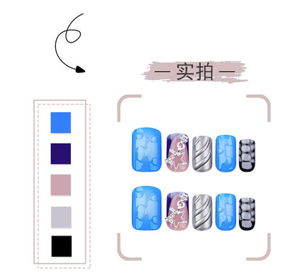 Ocean Blue Blooming Wear Armor Pearl Powder3D Water Ripple Nail Art Fake Nails Star Chain Design Wearable Nail Tip