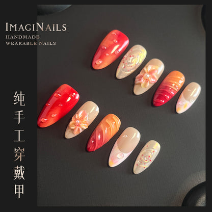 Hot Selling in Europe and America3D Three-Dimensional Carved Almond Nail Pure Hand-Worn Nail Piece