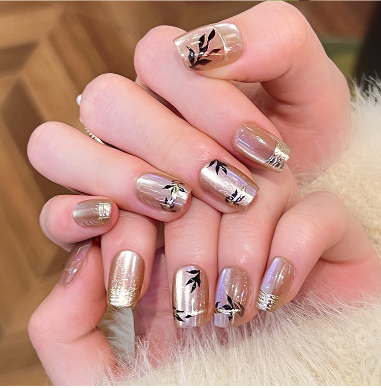 Nude Pink Cat Eye Wear Nail French Bronzing Nail Polish Cross-Border Hot Selling Leaves Nail Tip press on nails