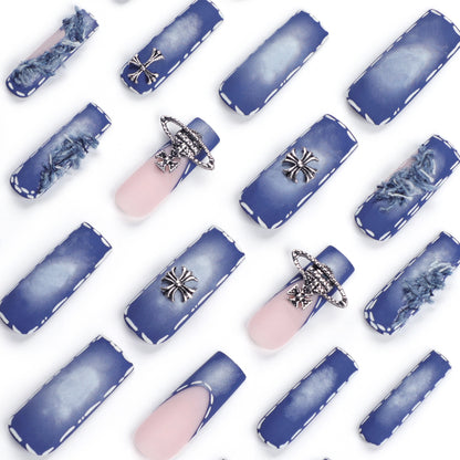 Ripped Denim Blue Wear Nail Cross Tassel Manicure French Super Long Removable Nail Tip Finished Product Wholesale