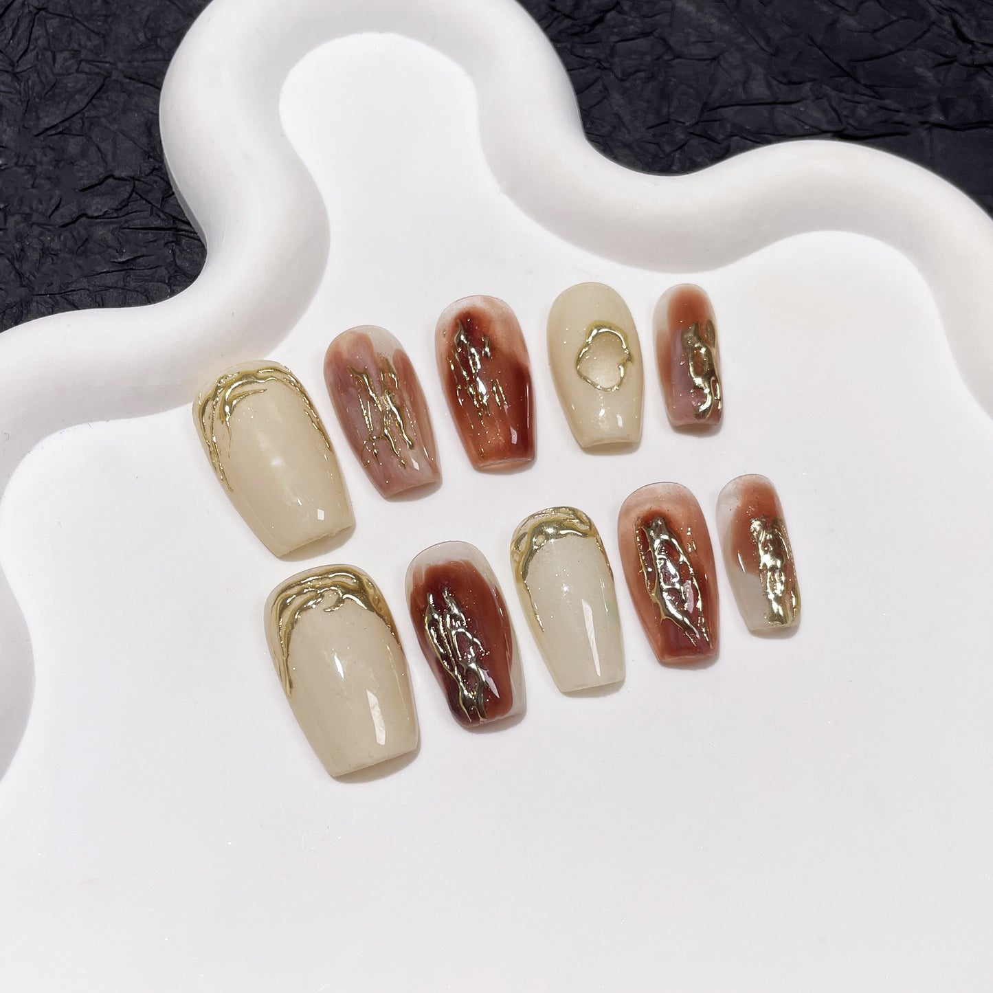 Handmade Nail Cream Nude Amber Blooming Gilding Irregular Hook Short Handmade Wear Nail