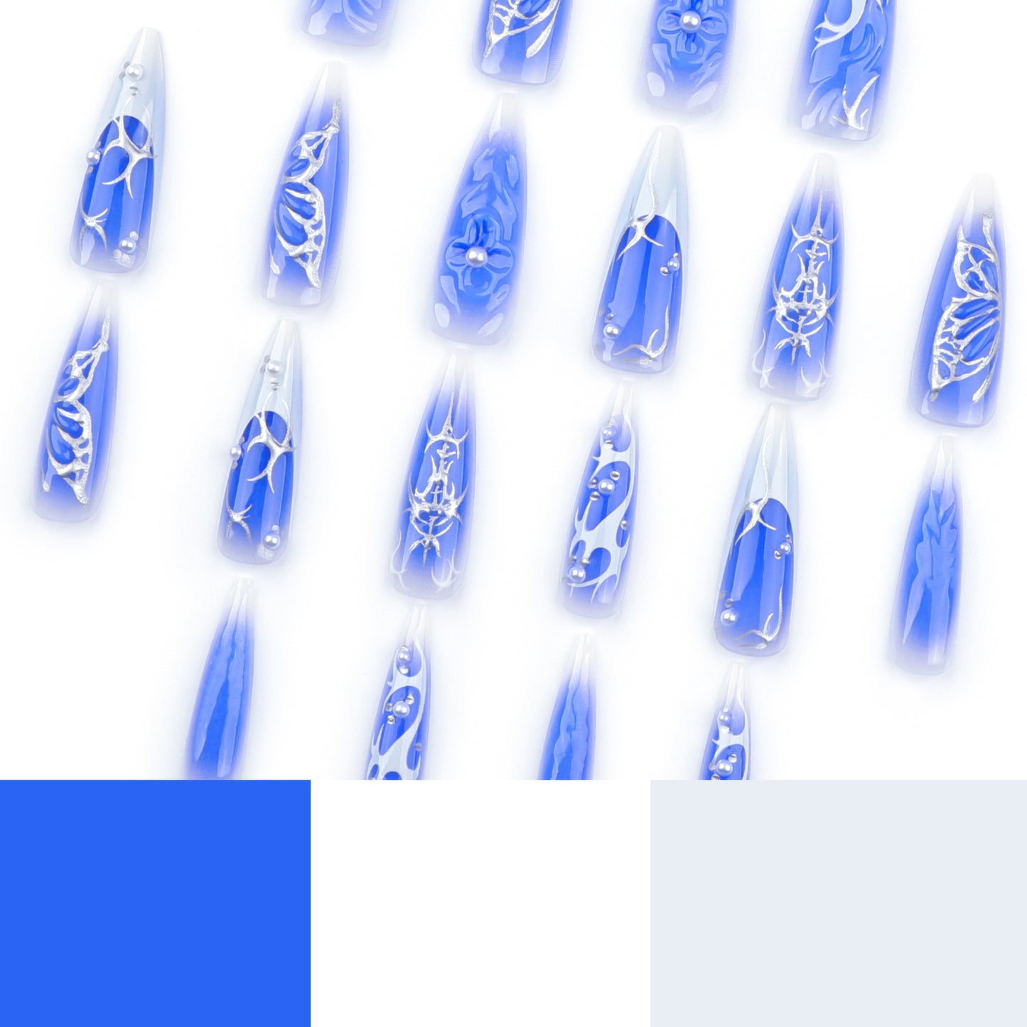 Blue Manicure French White Fake Nails Hot Silver Butterfly Wearable Nail Tip3D Flower Pearl Nails Patch