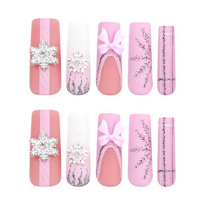 Super Long Water Pipe Nail Fake Nails Pink Sweet Tridimensional Bow Christmas Wear Nail French Snowflake Nail Tip