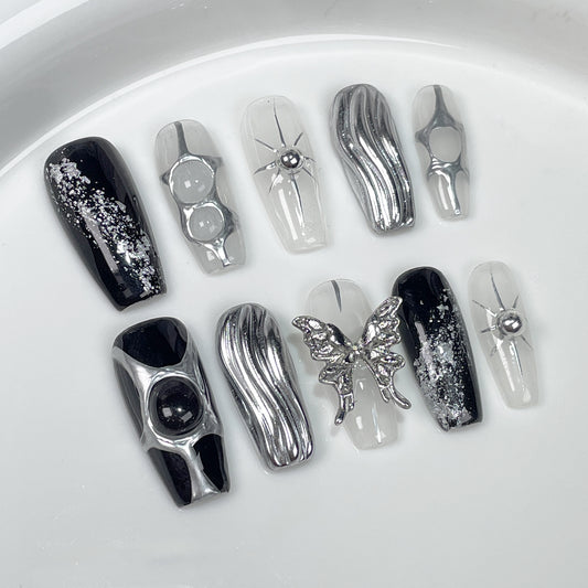 【Dyed Nail】Simple ins Style High-Grade Metal Texture Dark Sweet Cool Hot Girl Mid-Length Handmade Wear Nail