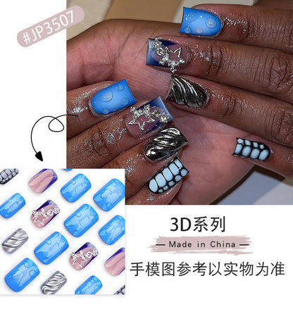 Ocean Blue Blooming Wear Armor Pearl Powder3D Water Ripple Nail Art Fake Nails Star Chain Design Wearable Nail Tip