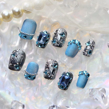 Hot Sale Nail Stickers European and American Colorful Crystals Light Luxury Pile Rhinestone Short Nail Finished Retro Heavy Industry Sapphire Hand-Worn Nail