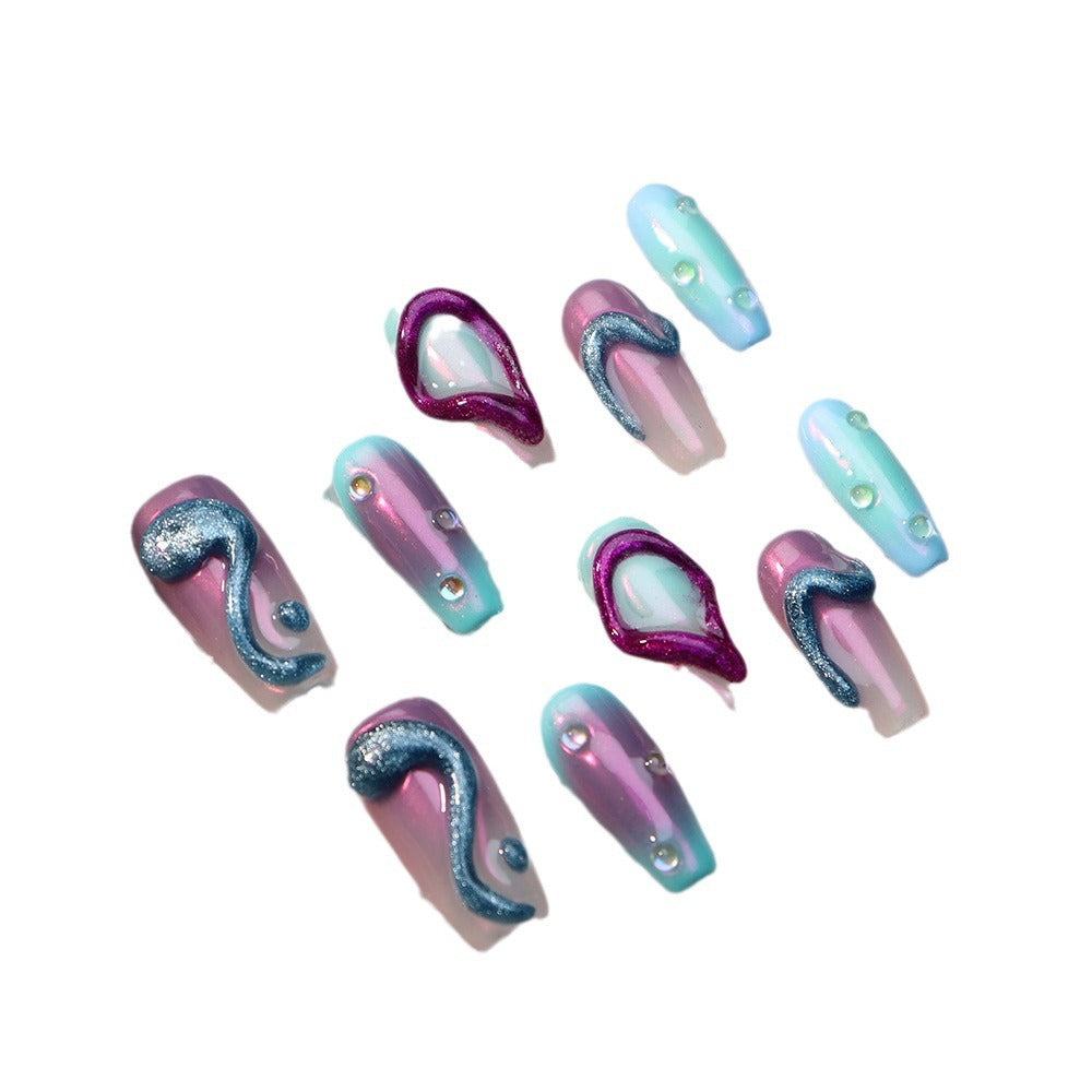 New Nail Beauty Finished Patch European and American Style Nail Art Contrast Color Three-Dimensional Snake Bubble Beads Gradient Coloring Wear Nail Handmade