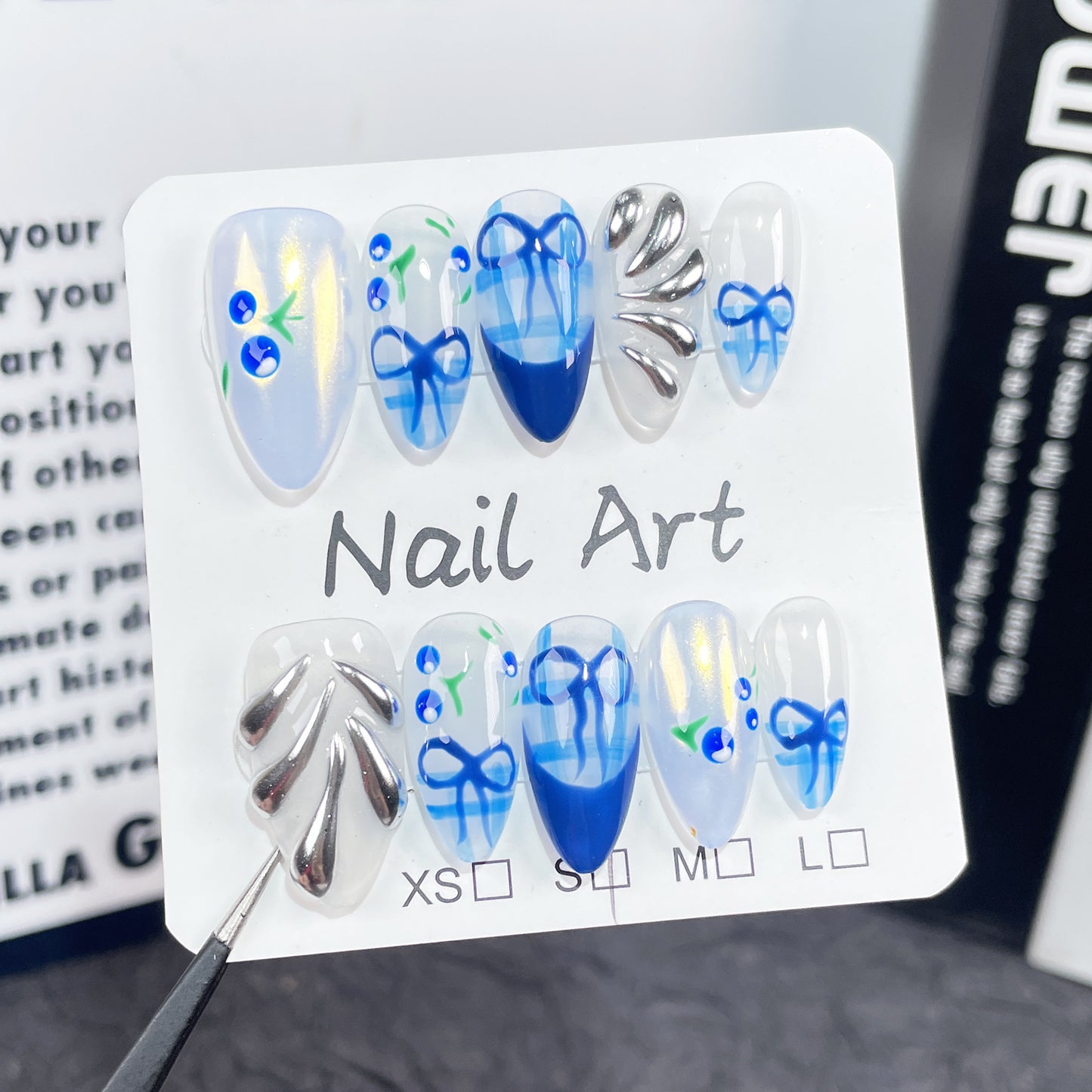 【Dyed Nail】Handmade Wear Armor Blue Hand Painted Cherry Europe and America Cross Border Summer Ice Transparent Wear Fake Nails Wholesale