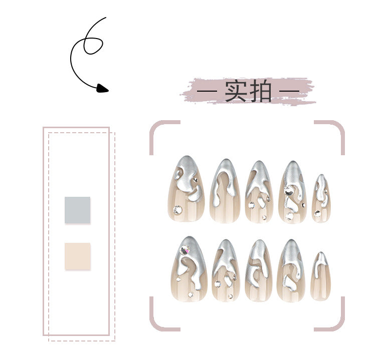 French3D Silver Paste Wear a Nail Piece Short Almond fake nails Spot Drill Fake Nails Nail Sticker Wholesale