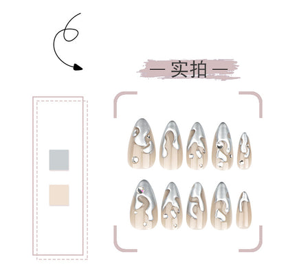 French3D Silver Paste Wear a Nail Piece Short Almond fake nails Spot Drill Fake Nails Nail Sticker Wholesale