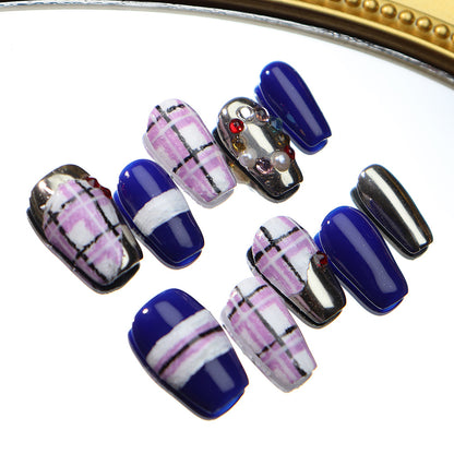 Manufacturer Nail Stickers Wear Armor Advanced European and American Plaid Classic Style Pearl Gem Temperament White One Piece Dropshipping