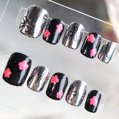 Wear Armor Sweet Sweet Cool Metallic Cute Simple Flower Black Silver Short Ballet Nail Stickers