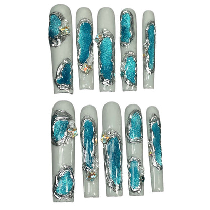 European and American Super Long Water Pipe Nail Art Irregular Shape Blue Cat Eye Handmade Wear Nail Advanced Light Luxury Nail Stickers