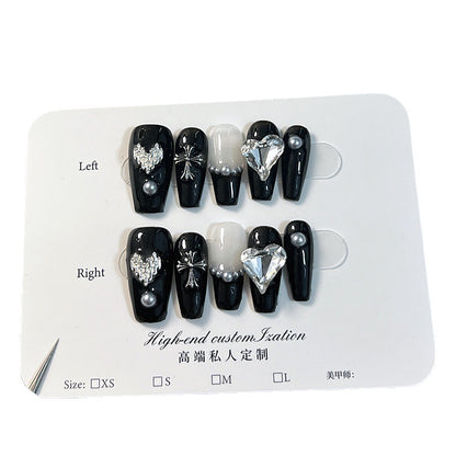 Handmade Wear Nail Crock Heart Crooked Heart Light Diamond Dark European and American Style Nail Stickers Detachable Fake Nails