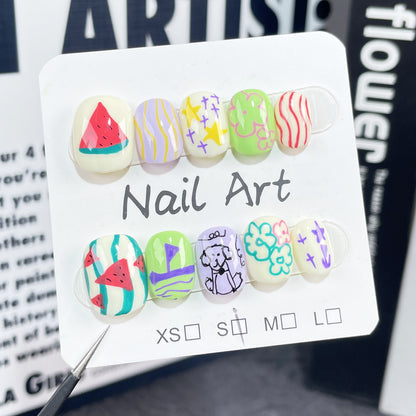 【Dyed Nail】Cute Short Nail Art Voyage Master Guard Melon Puppy Cartoon Childlike Hand Painted Graffiti Nail Stickers