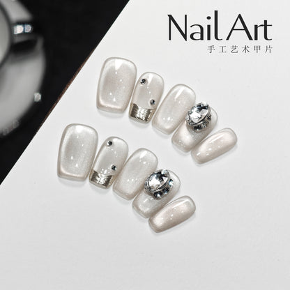 Handmade Wear Armor High-Grade Summer ins Wind Nail Tip French Cat Eye Nail Stickers Short Fake Nails Handmade