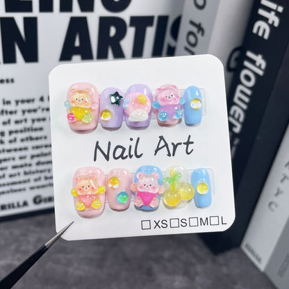 Hand-Worn Nail Cute Hugging Bear Milk Huhoo Bear Short Finished Nail Beauty Patch Wearable Nail Sticker