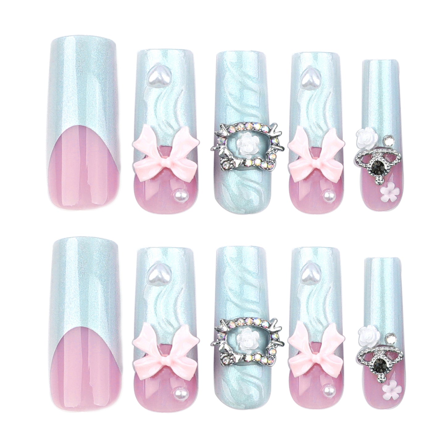 3D French Manicure Fake Nail Tip Nail Tip Three-Dimensional Pink Bow Wearing Nail Cat Spot Drill Removable Nail Tip Finished Product